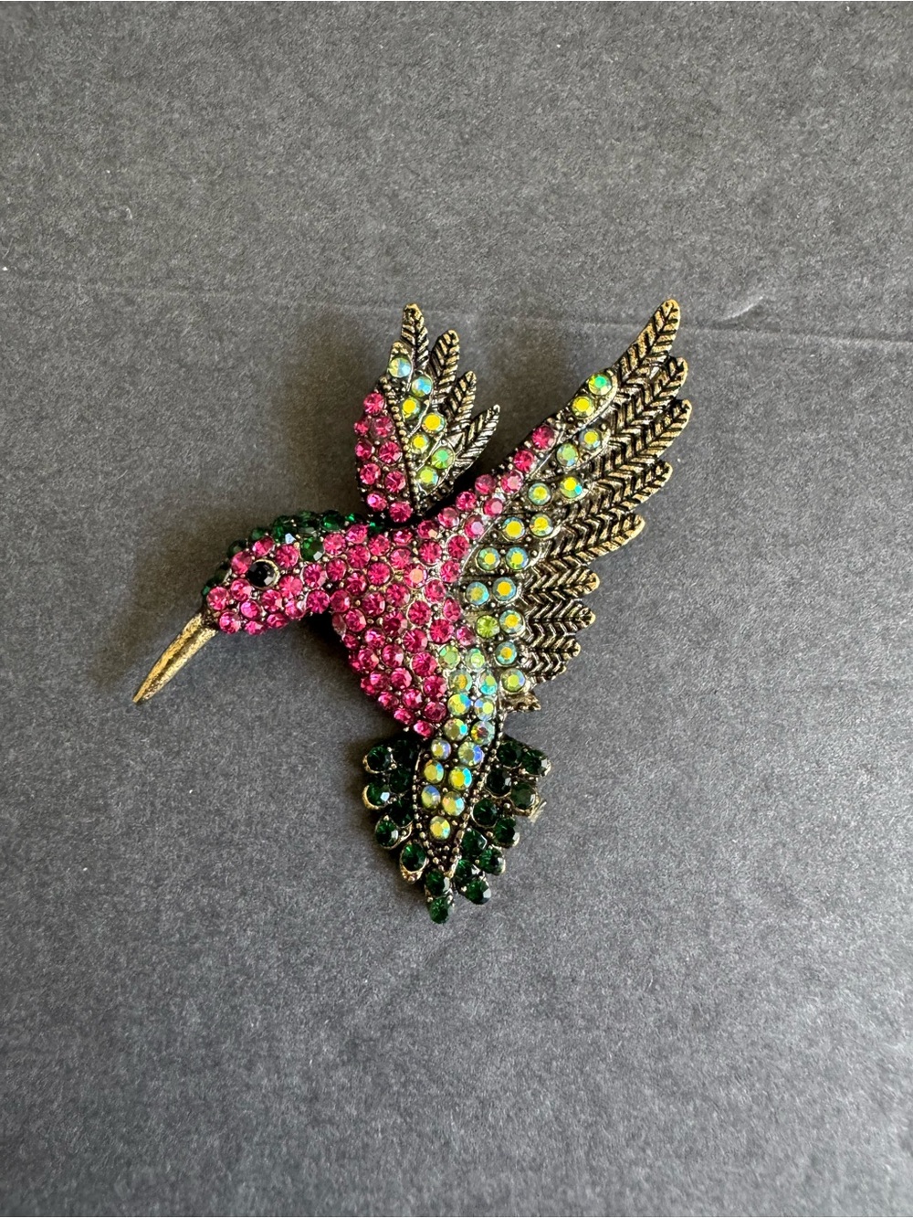Hummingbird Brooch Pink Green Rhinestone AB Crystal Pin - Picture 6 of 7